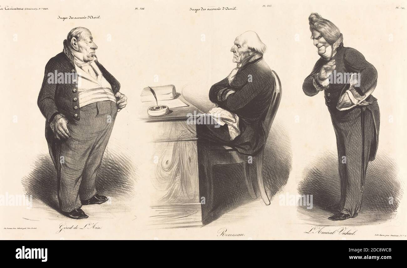 Honoré Daumier, (Künstler), französisch, 1808 - 1879, Girod de l'Ain - J.-Joseph Rousseau - Amiral Verhuel, La Caricature: pl. 516-518, (Serie), 1835, Lithographie Stockfoto