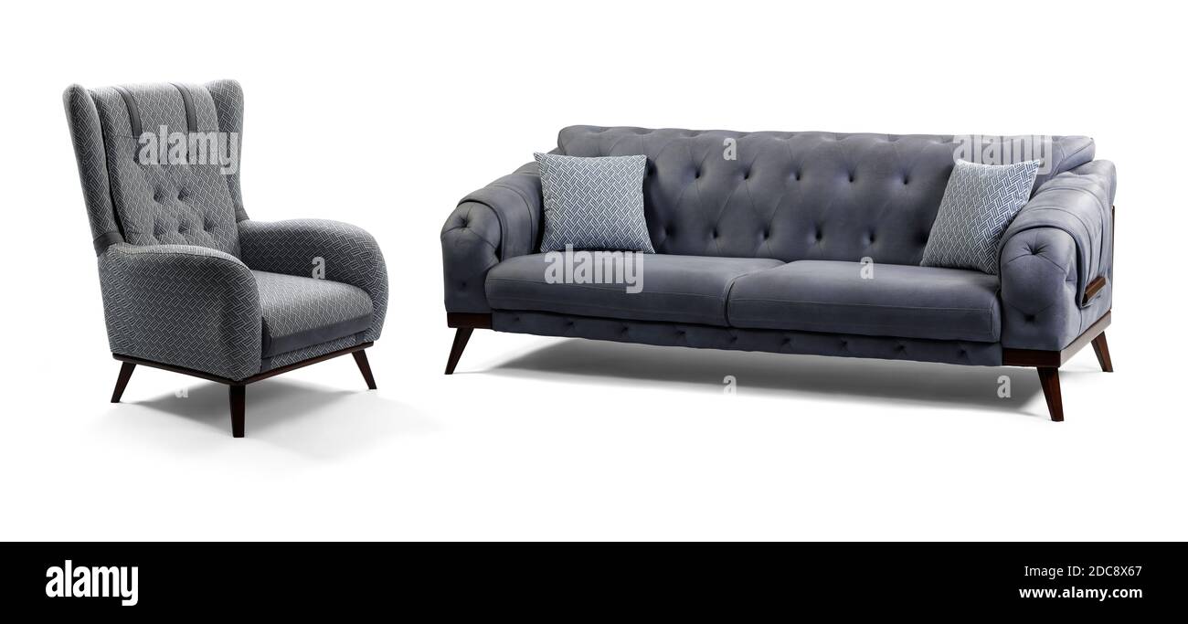 Moderne Möbel sind zur Hälfte auf weißem Hintergrund Stockfoto