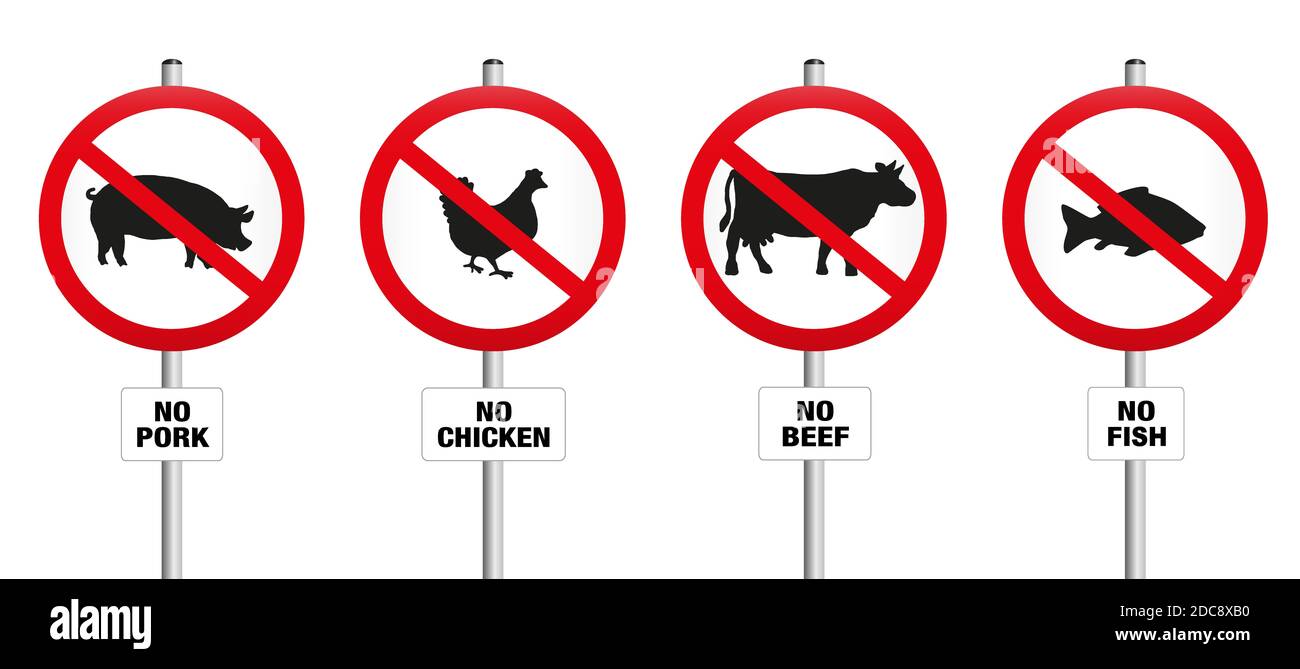 Kein Schweinefleisch, Huhn, Rind und Fisch. Verbotsschilder mit durchgestrichenen Schweinen, Hühner, Kühe und Karpfen, symbolisch gegen die Fleischproduktion, für den vegetarischen Lebensstil. Stockfoto