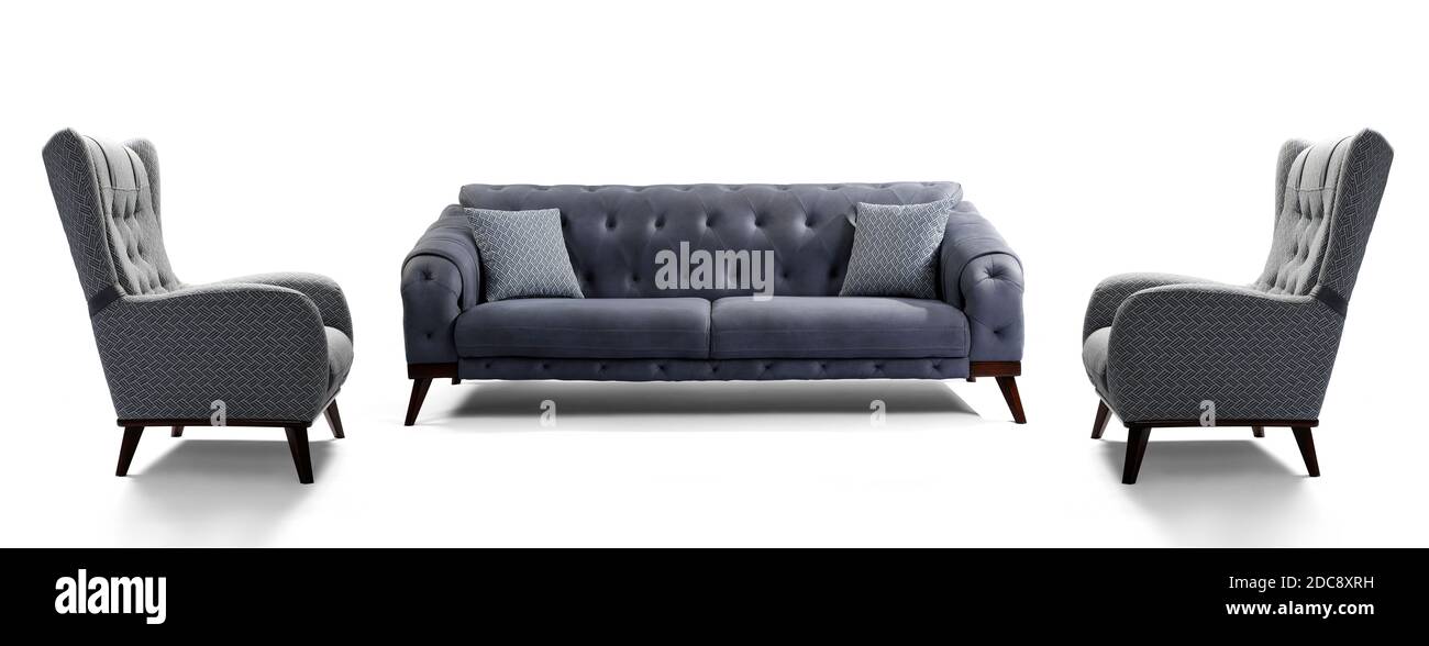 Moderne Möbel sind zur Hälfte auf weißem Hintergrund Stockfoto