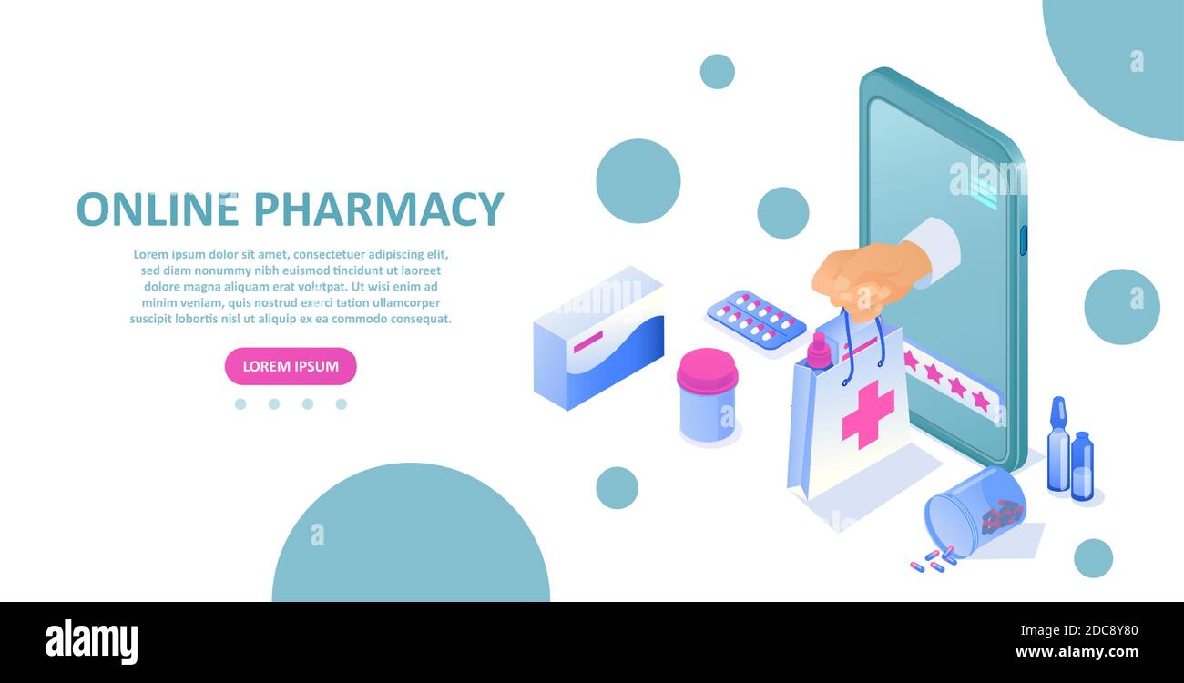 Online-Apotheke Konzept. Vektor eines Smartphones mit Drogerie-App Stock Vektor
