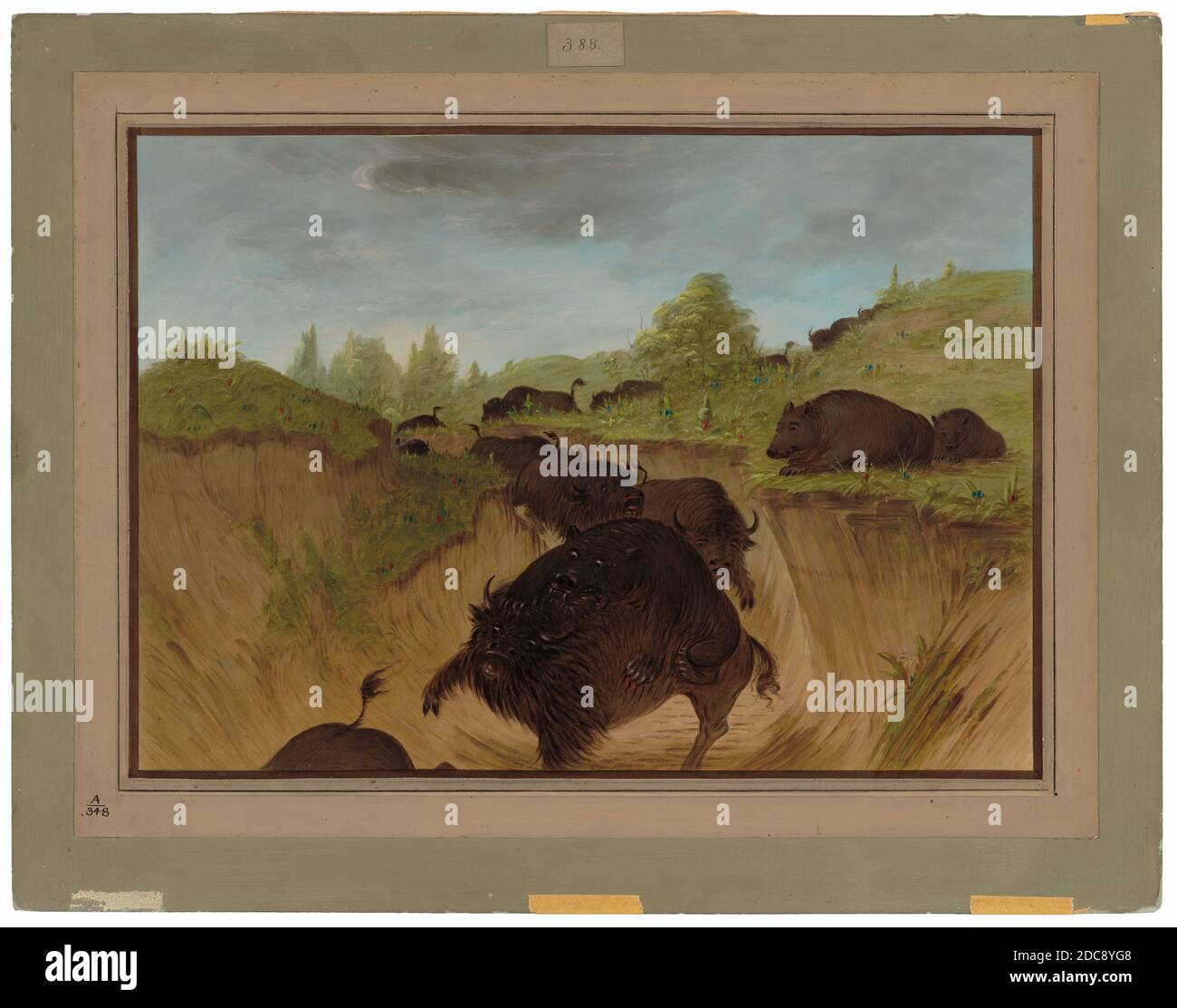 George Catlin, (Künstler), Amerikaner, 1796 - 1872, Grizzly Bears Attacking Buffalo, 1861/1869, Öl auf Karte auf Karton, insgesamt: 46.5 x 62.2 cm (18 5/16 x 24 1/2 Zoll Stockfoto