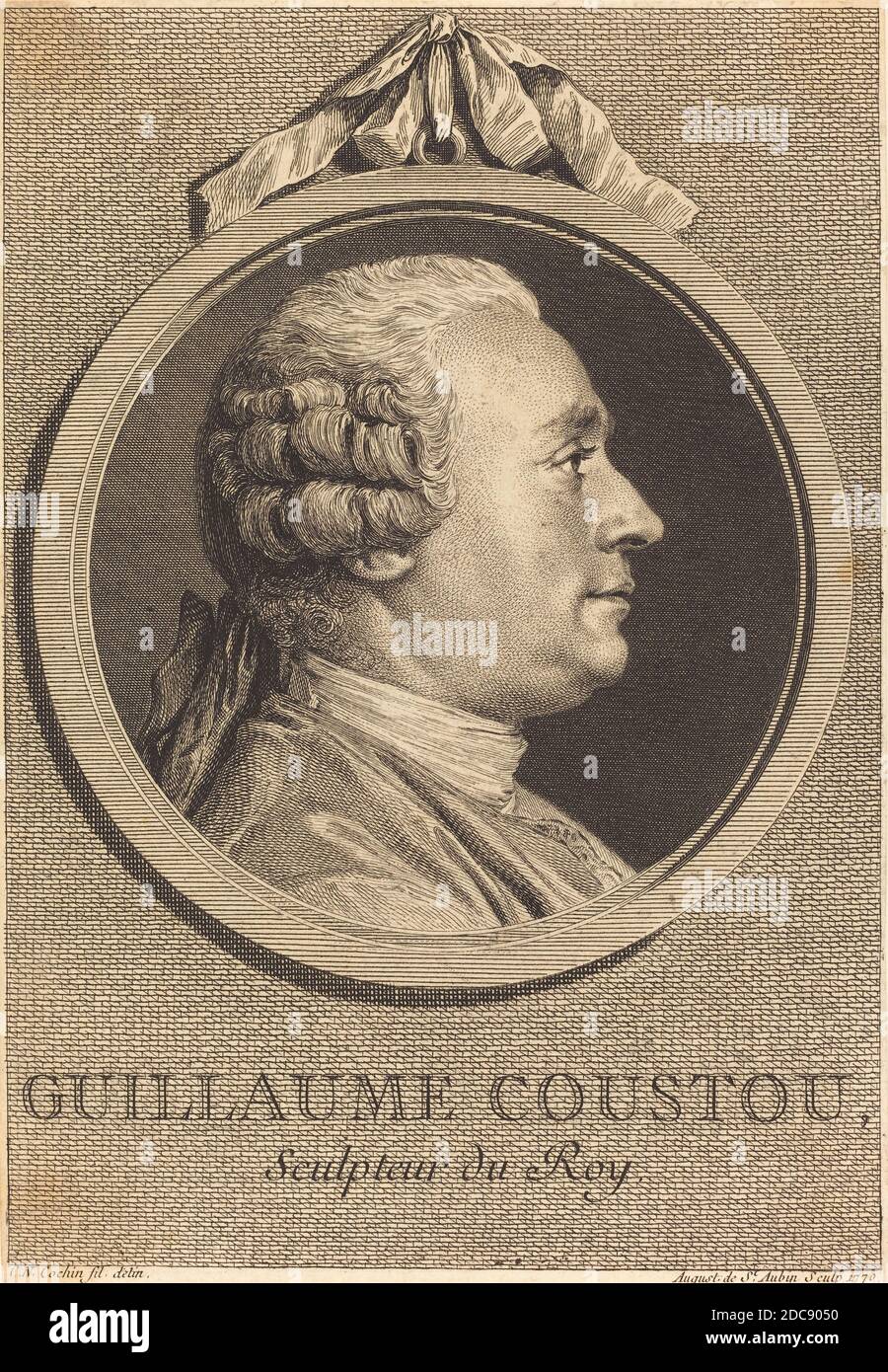 Augustin de Saint-Aubin, (Künstler), französisch, 1736 - 1807, Charles-Nicolas Cochin II, (Künstler danach), französisch, 1715 - 1790, Guillaume Coustou, 1770, Gravur über Radierung auf Büttenpapier, Blatt (im Plattenstempel zugeschnitten): 18 x 12.4 cm (7 1/16 x 4 7/8 Zoll Stockfoto