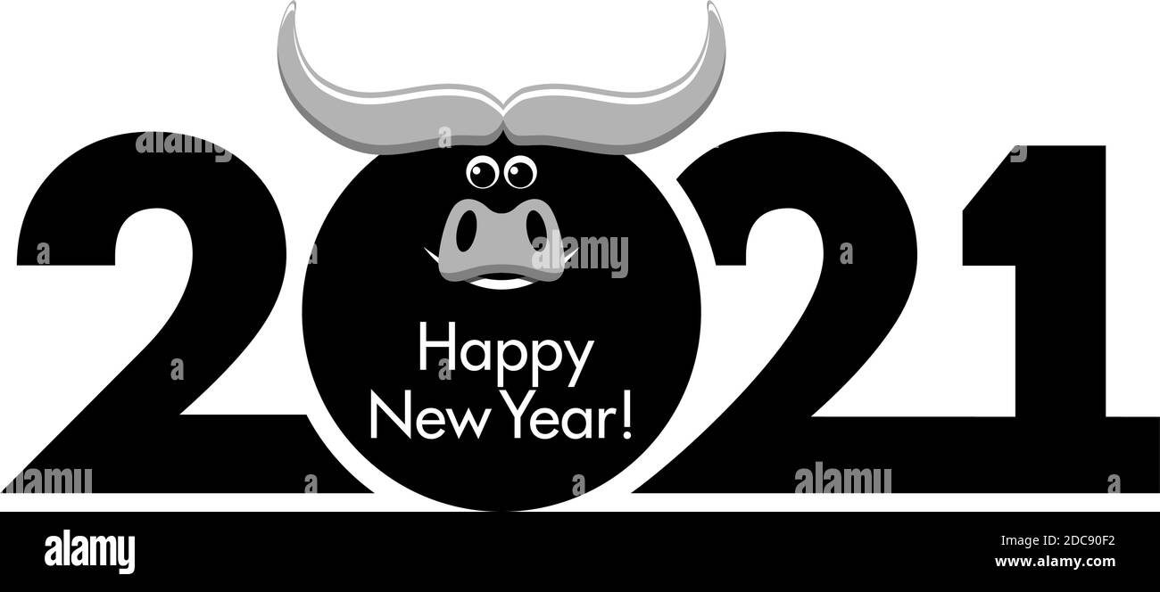 2021 Jahre Logo-Design. Chinesisches neues Jahr des Ochsen. Metall Ochse Horoskop Zeichen. Neues Jahr lustige Symbol. Flacher Vektor Ox-Zeichen isoliert auf transparentem Hintergrund Stock Vektor