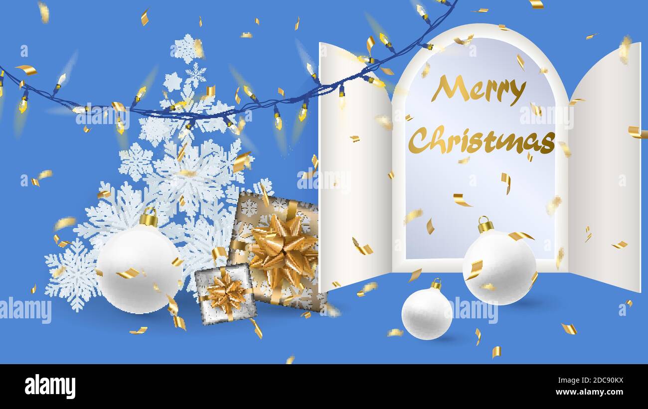 Weihnachten Adventskalender Türen öffnen sich mit goldenen Buchstaben. Weiße weihnachtskugeln, Schneeflocken, realistische Geschenküberraschung mit Band, goldenes fliegendes Lametta Stock Vektor