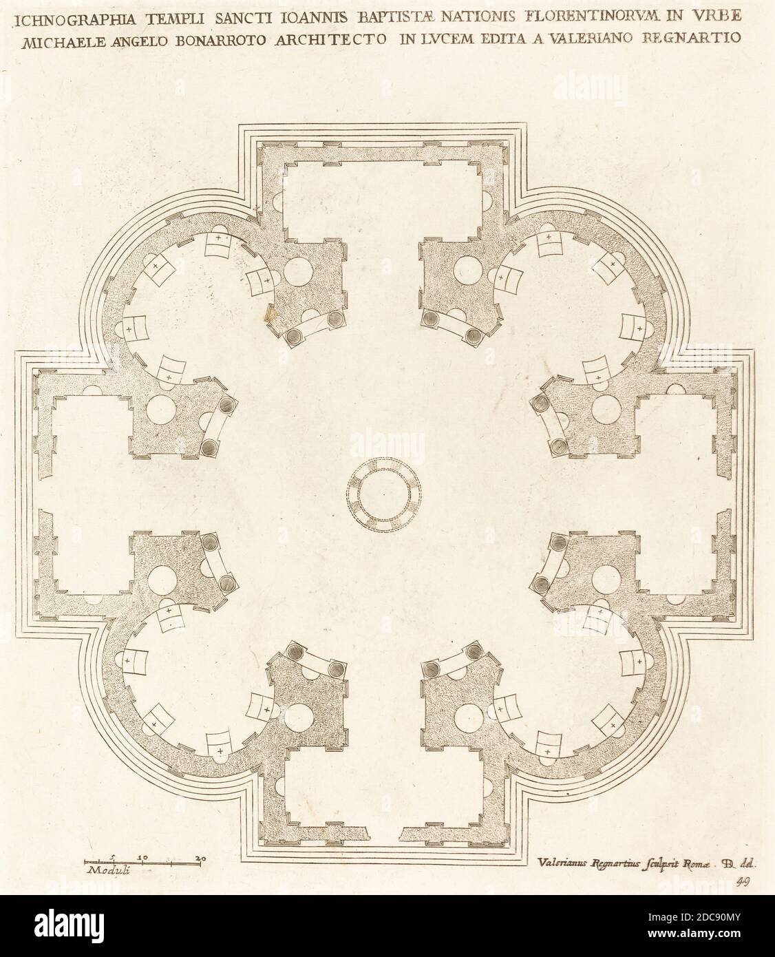 Valerien Regnard, (Künstler), Französisch, 17. Jahrhundert, Grundriss der Kirche des Heiligen Johannes des Täufers, Gravur auf Papier, Platte: 32.9 x 28.3 cm (12 15/16 x 11 1/8 Zoll), Blatt: 48.9 x 36.2 cm (19 1/4 x 14 1/4 Zoll Stockfoto