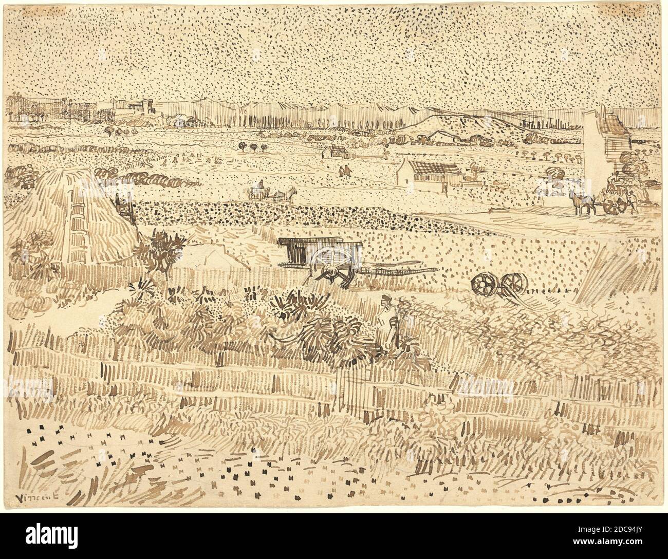 Vincent van Gogh, (Künstler), Niederländisch, 1853 - 1890, Ernte--die Ebene von La Crau, 1888, Schilfstift und braune Tinte über Graphit auf Webpapier, insgesamt: 24.2 x 31.9 cm (9 1/2 x 12 9/16 Zoll Stockfoto