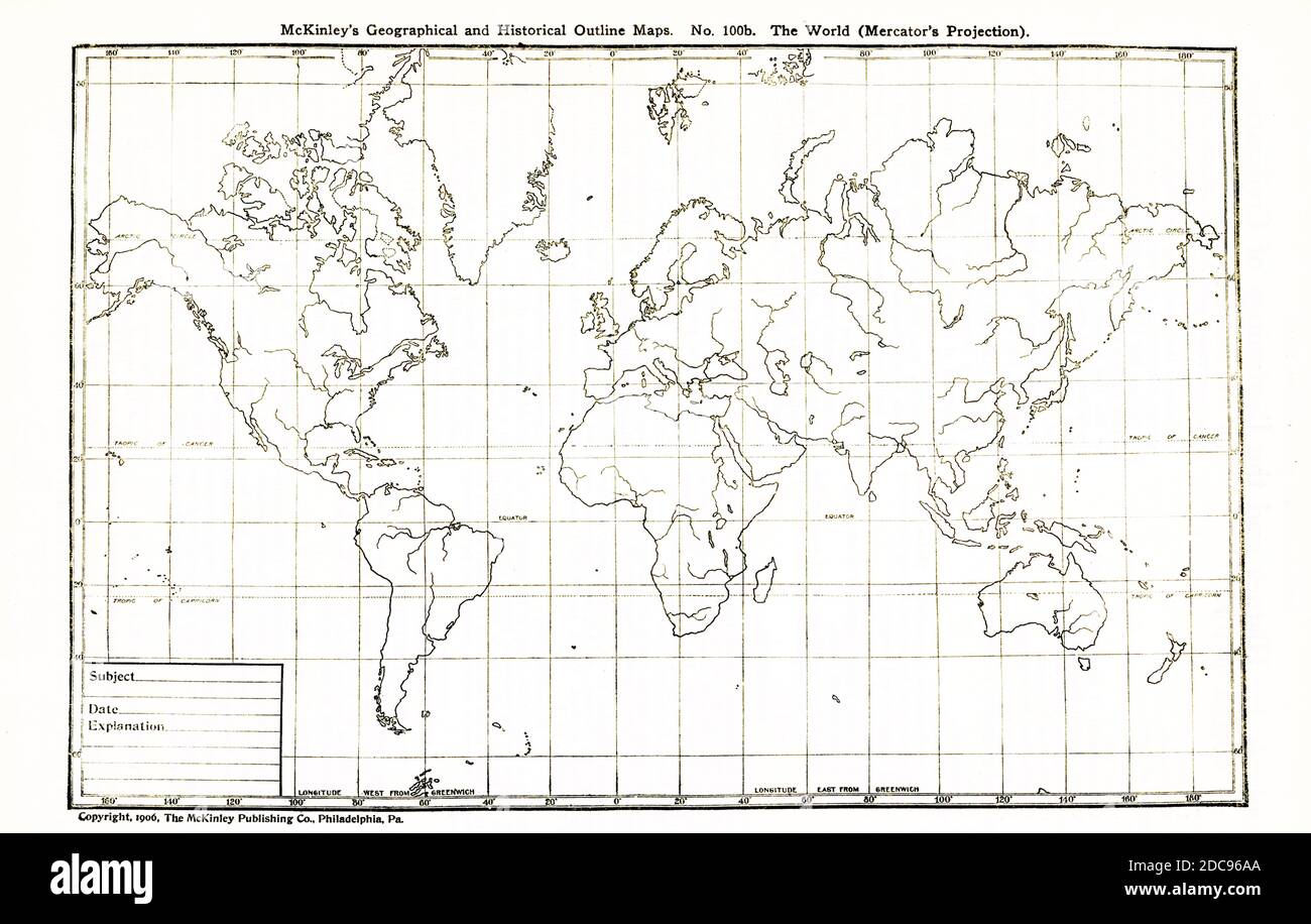 Diese geografische und historische Übersichtskarte zeigt die Welt gemäß der Mercator-Projektion. Stockfoto