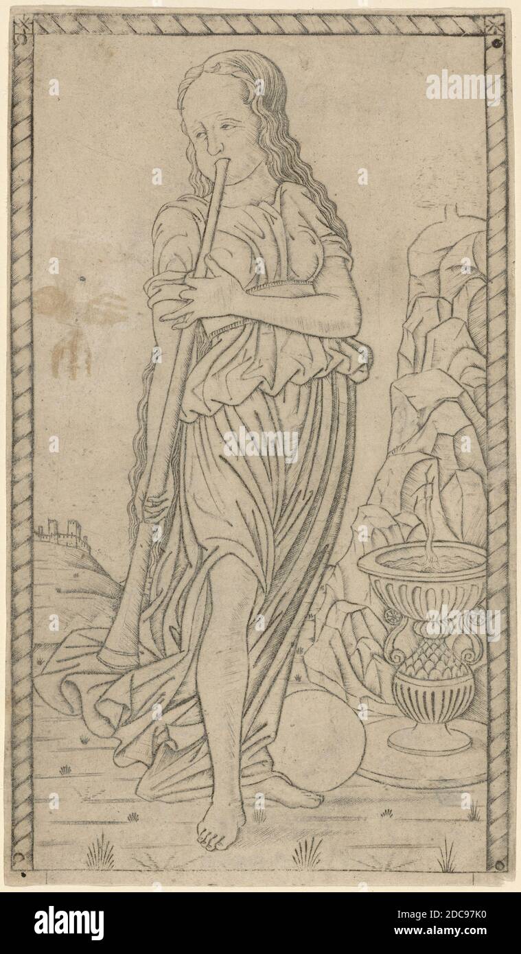 Meister der E-Serie Tarocchi, (Künstler), Ferrarese, aktive c. 1465, Kaliop (Kalliope), E-Serie (Apollo und die Musen): Nr. XI, (Serie), c. 1465, Gravur, Blatt: 17.2 x 10 cm (6 3/4 x 3 15/16 Zoll Stockfoto