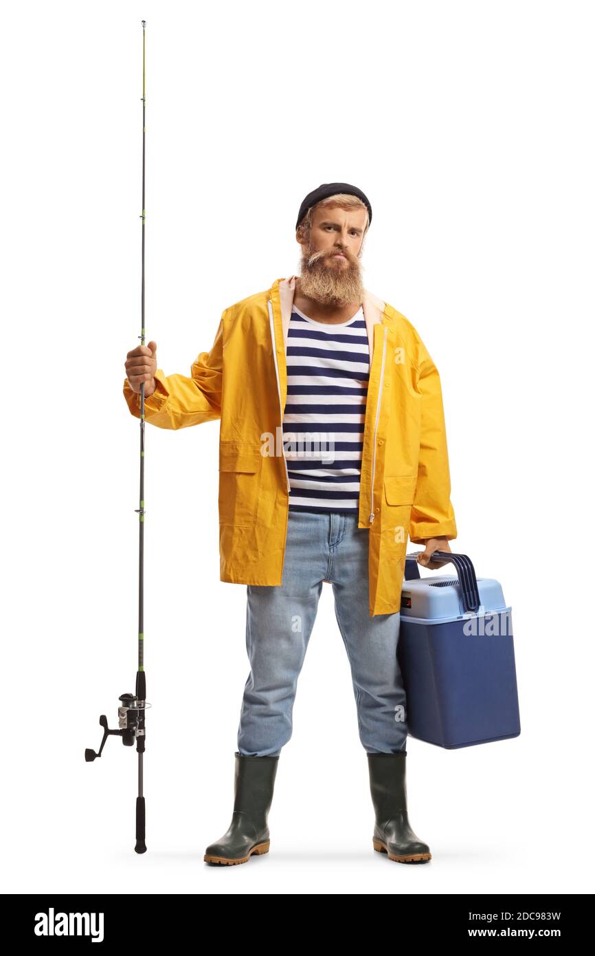 In voller Länge Porträt eines bärtigen Fischers, der einen Fischfang hält Rod und ein Kühlschrank isoliert auf weißem Hintergrund Stockfoto