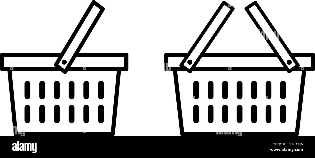 Einkaufskorb-Symbole mit einem und zwei Griffen. Kaufen Warenkorb und Box Symbole Vektor Illustration Stock Vektor