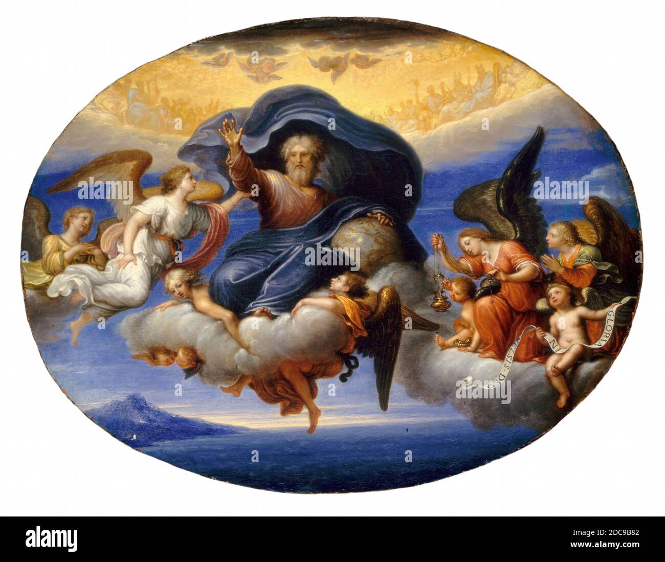 Französisch 17. Jahrhundert, (Maler), Pierre Mignard I, (verwandter Künstler), Französisch, 1612 - 1695, Gottvater, nach 1664, Öl auf Leinwand, insgesamt (oval): 46.5 x 60.3 cm (18 5/16 x 23 3/4 Zoll), gerahmt: 61.9 x 75.9 x 6.4 cm (24 3/8 x 29 7/8 x 2 1/2 Zoll Stockfoto