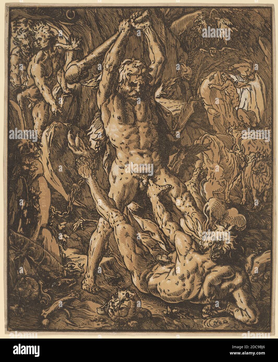 Hendrick Goltzius, (Künstler), Niederländisch, 1558 - 1617, Hercules Killing Cacus, 1588, Chiaroscuro-Holzschnitt in zwei Schattierungen von Sepia und Schwarz Stockfoto