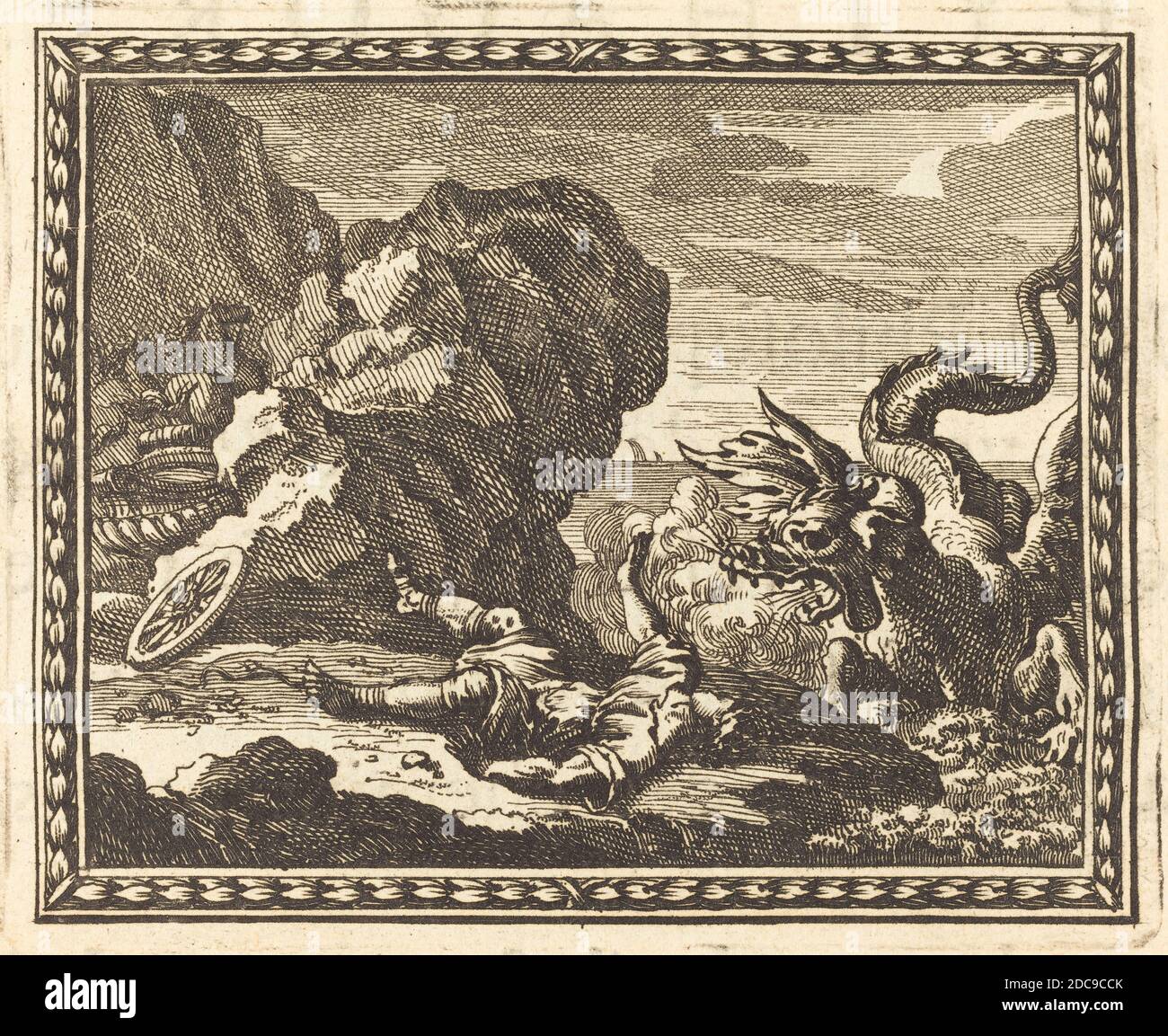 Jean Lepautre, (Künstler), französisch, 1618 - 1682, Hippolyt und das Meeresmonster, Benserade's 'Metamorphosen d'Ovide': S.448, (Serie), veröffentlicht 1676, Radierung und Gravur auf Büttenpapier, Platte: 7.3 x 9.1 cm (2 7/8 x 3 9/16 in.), Anonymous Gift Stockfoto