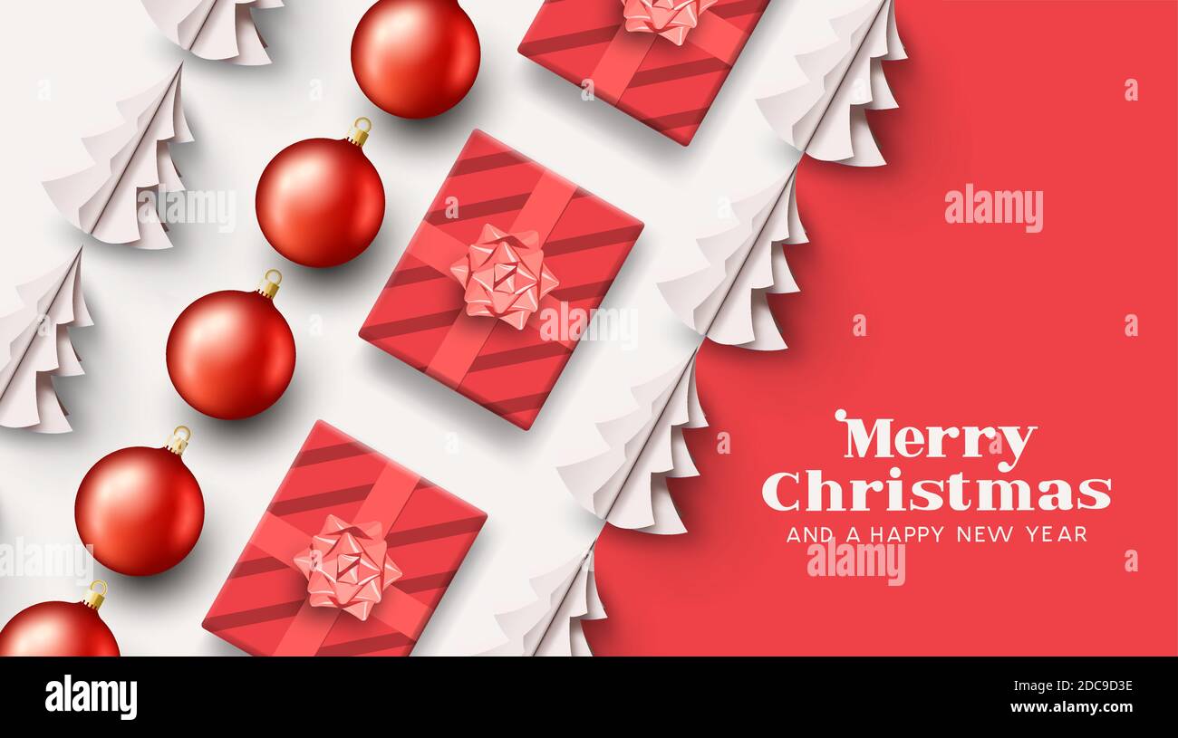 Weihnachten Hintergrund Layout mit weihnachtsgeschenke, Kugeln und Weihnachtsbäume. Abstrakte Vektordarstellung. Stock Vektor