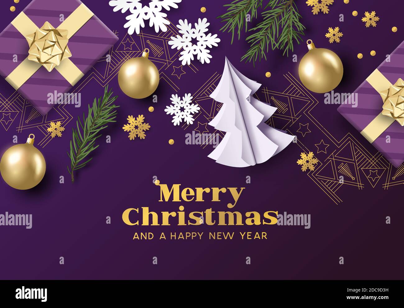 Fröhliche weihnachten Layout Komposition mit lila und goldenen Farben, weihnachtsdekorationen und Tannenzweigen. Vektorgrafik Stock Vektor