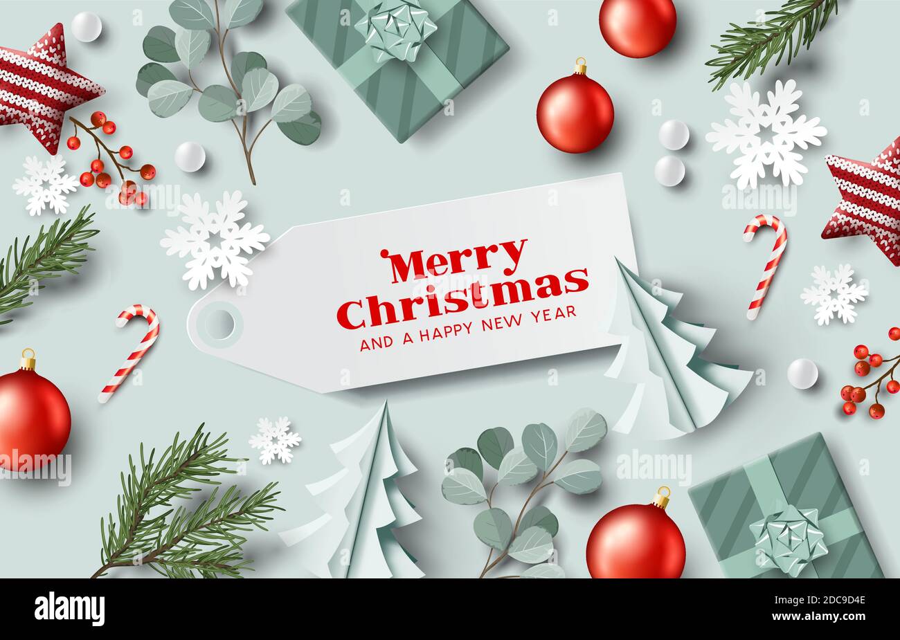 Weihnachtsbaum Dekorationen, eingewickelte Geschenke und Winterpflanzen festlichen Hintergrund Layout mit einer fröhlichen Weihnachtsbotschaft. Vektorgrafik Stock Vektor