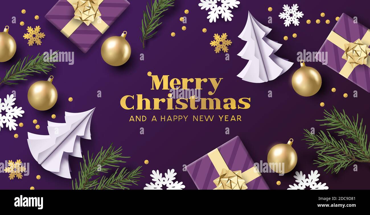 Maerry weihnachts-Layout-Design mit lila und goldenen Farben, weihnachtsdekorationen und Tannenzweigen. Vektorgrafik Stock Vektor