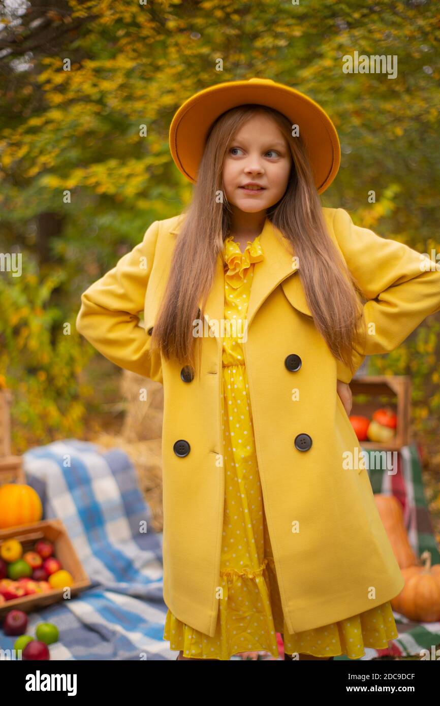 Nette schöne Teenager Brünette Mädchen in einem orangen Hut, Kleid und  Mantel neben Herbst Dekorationen - Kürbisse, Äpfel, Decken, Heu.  Gemütlichkeit Stockfotografie - Alamy