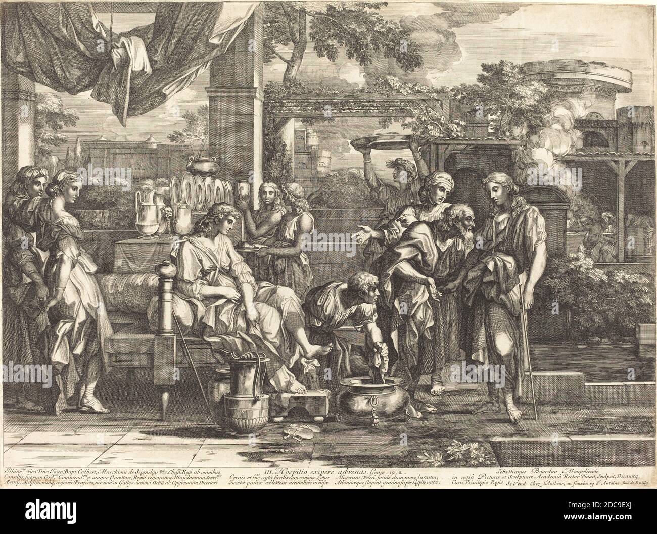 Sébastien Bourdon, (Künstler), französisch, 1616 - 1671, Hospitio exipere advenas, Seven Acts of Mercy, (Serie), 1665/1670, Gravur Stockfoto