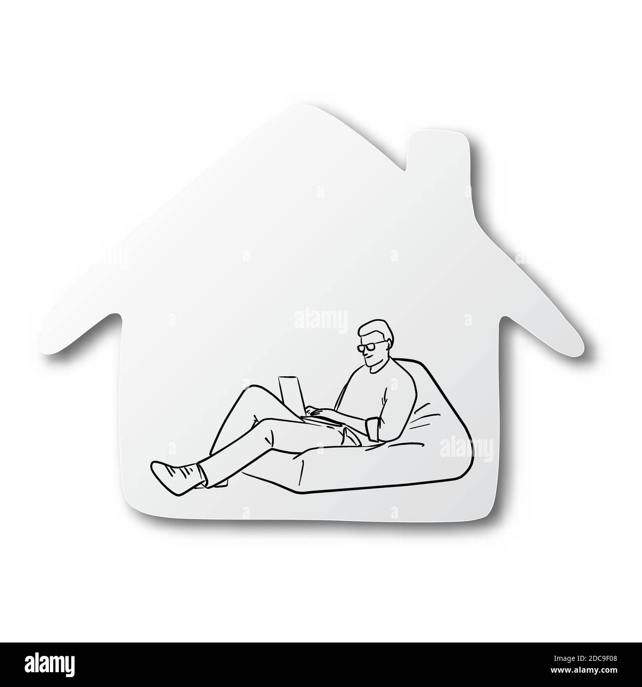 Vektor-Illustration schwarze Linie von Hand gezeichnet von Mann, der mit arbeitet Laptop-Computer auf beanback in der häuslichen Form Papier geschnitten Und Schatten isoliert auf weißem Bac Stock Vektor