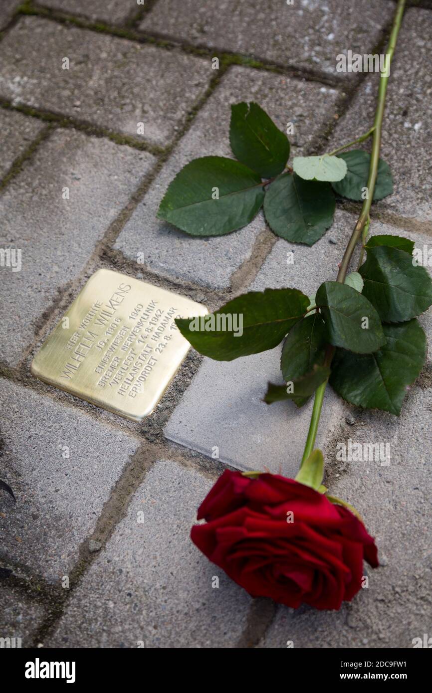 13.10.2020, Bremen, Bremen, Deutschland - Stolperstein für ein Euthanasie-Opfer frisch gelegt. Stolpersteine geben Nazi-Deportierten in ganz Deutschland eine Stockfoto