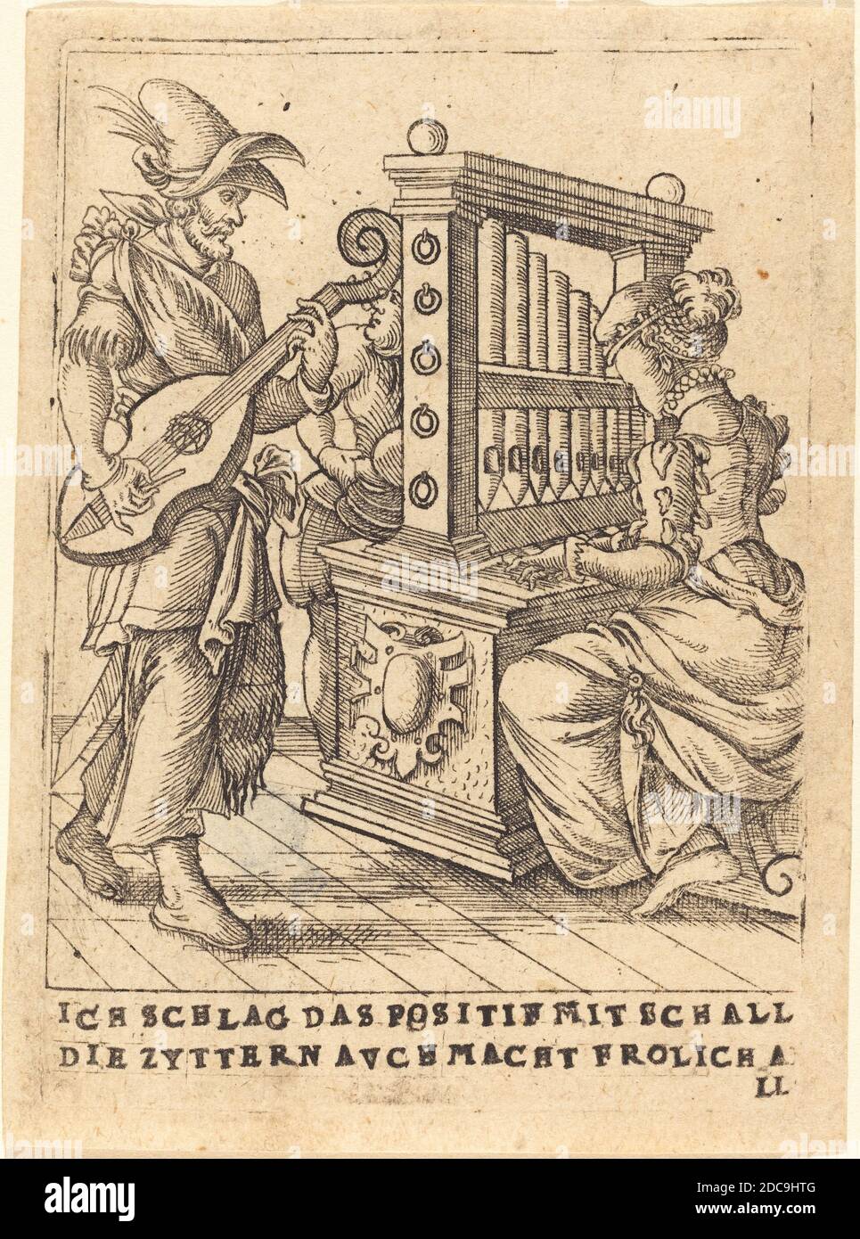 Deutsch 16. Jahrhundert, (Künstler), Ich schlag das Positif mit Schall die Zytternavchmacht frolich all, Six Musical Subjects, (Serie), c. 1580, Gravur Stockfoto