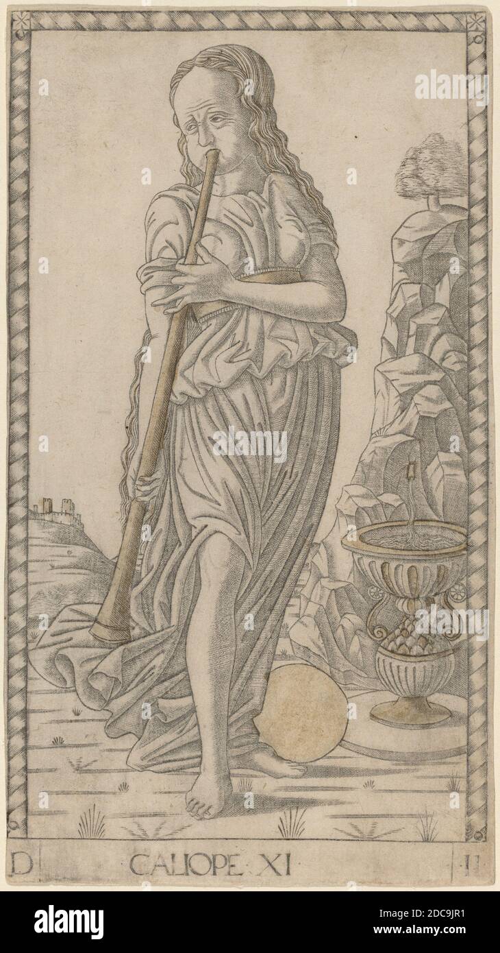 Meister der E-Serie Tarocchi, (Künstler), Ferrarese, aktive c. 1465, Kaliop (Kalliope), E-Serie (Apollo und die Musen): Nr. XI, (Serie), c. 1465, Gravur mit Vergoldung, Blatt: 17.8 x 9.9 cm (7 x 3 7/8 Zoll Stockfoto