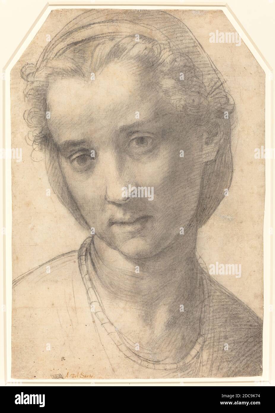 Andrea del Sarto, (Künstler), Florentine, 1486 - 1530, Kopf einer Frau, c. 1515, schwarze Kreide auf Papier, insgesamt 33 x 22.4 cm (13 x 8 13/16 Zoll Stockfoto