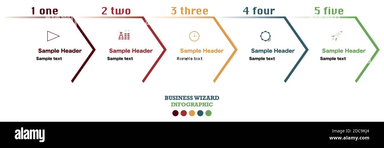 Infografik mit fünf Assistentenschritten zur Geschäftsentwicklung. Flussdiagramm zur Marketingpräsentation von Projektdetails Stock Vektor