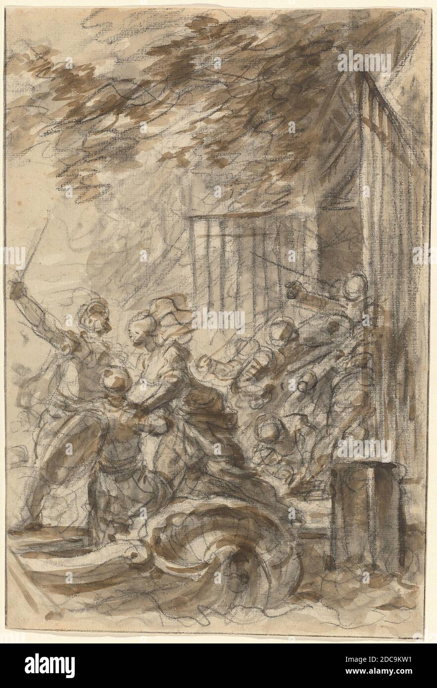 Jean Honoré Fragonard, (Künstler), Französisch, 1732 - 1806, Isabella verlässt ihre Heimat Odorico und seine Männer zu folgen, Ariostos Orlando Furioso: canto XIII, 13-14, (Serie), schwarze Kreide, Stumping, mit braun-grauem Einwasch auf gedeckten Papier, insgesamt (ca.): 39.3 x 26.7 cm (15 1/2 x 10 1/2 Zoll) Stockfoto
