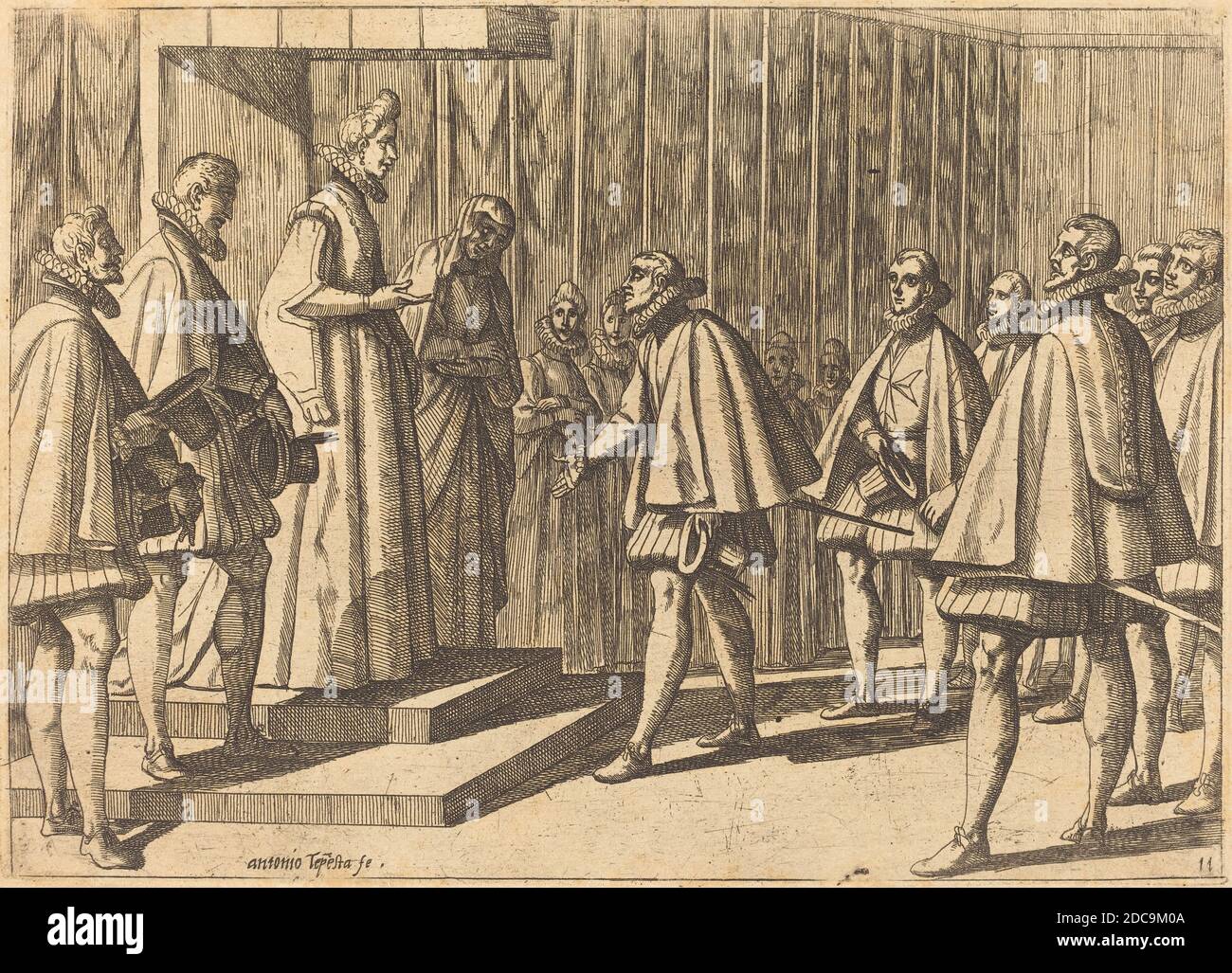 Antonio Tempesta, (Künstler), Florentine, 1555 - 1630, Italienischer Prinz vor Margarete von Österreich, das Begräbnisbuch der Königin von Spanien, (Serie), 1612, Radierung Stockfoto