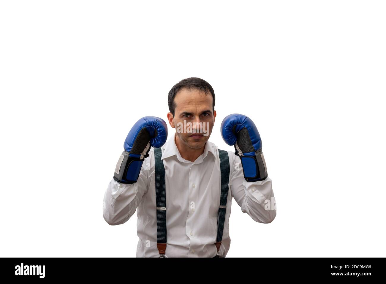Mann in formeller Kleidung, Hosenträger, keine Brille und Boxhandschuh (Foto 2/9). Stockfoto