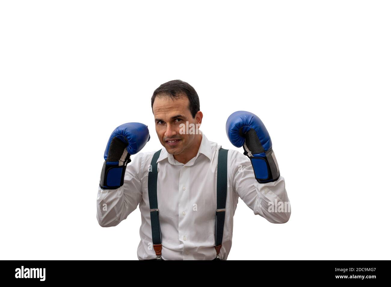 Mann in formeller Kleidung, Hosenträger, keine Brille und Boxhandschuh (Foto 3/9). Stockfoto