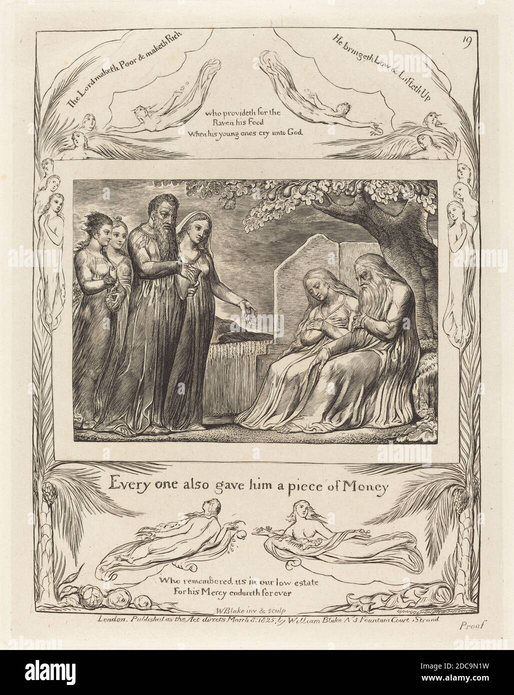 William Blake, (Künstler), Brite, 1757 - 1827, Job Akzeptieren Charity, Book of Job: Teller 19, (Serie), 1825, Gravur auf Indien Papier Stockfoto