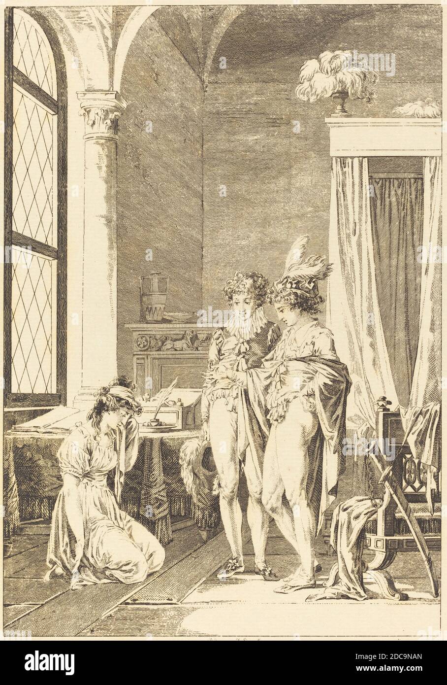 Philippe Triere, (Künstler), Französisch, 1756 - c. 1815, Jean-Baptiste Mallet, (Künstler nach), französisch, 1759 - 1835, Joconde: Le Pardon, Fragonard Plates for 'Contes et nouvelles' by La Fontaine, (Serie), Radierung Stockfoto