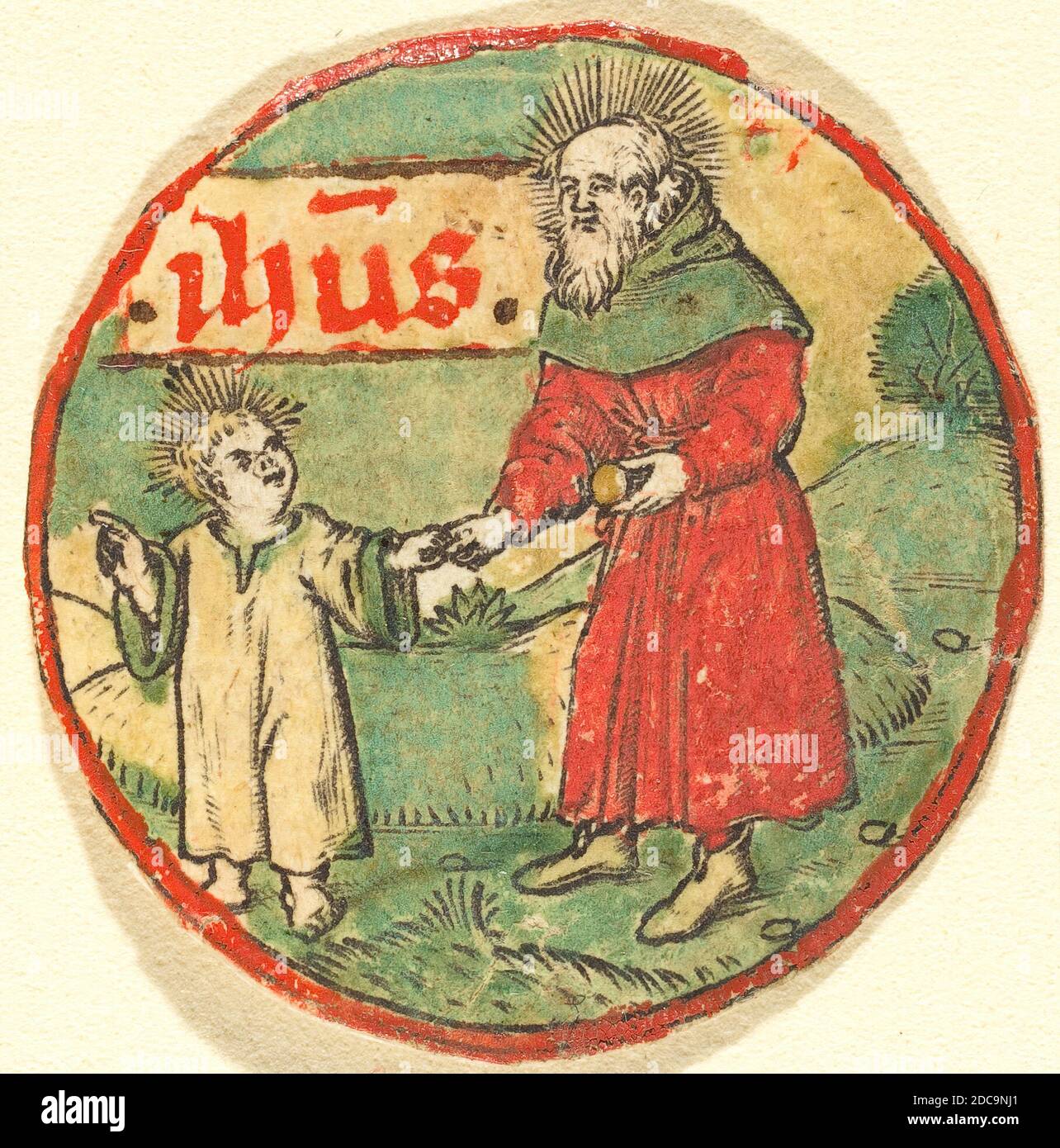 Deutsche 15. Jahrhundert, (Künstler), Joseph und das Christkind, c. 1500, Gravur, handfarbig in rot und grün Stockfoto