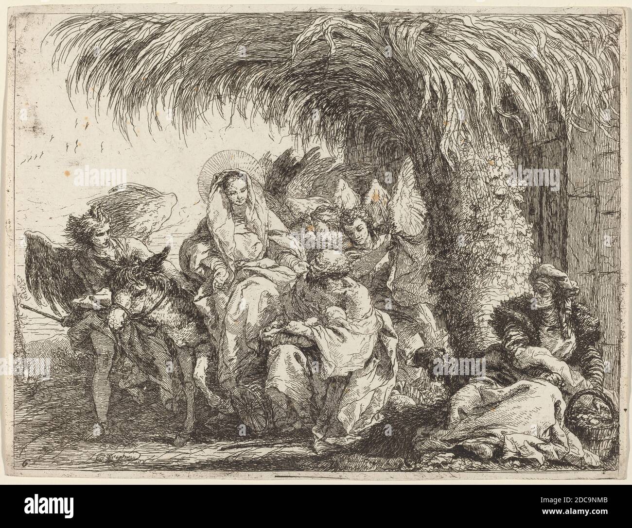 Giovanni Domenico Tiepolo, (Künstler), Venetian, 1727 - 1804, Joseph kniet mit dem Kind vor Maria auf dem Esel, Flucht nach Ägypten: pl.6, (Serie), erschienen 1753, Radierung Stockfoto