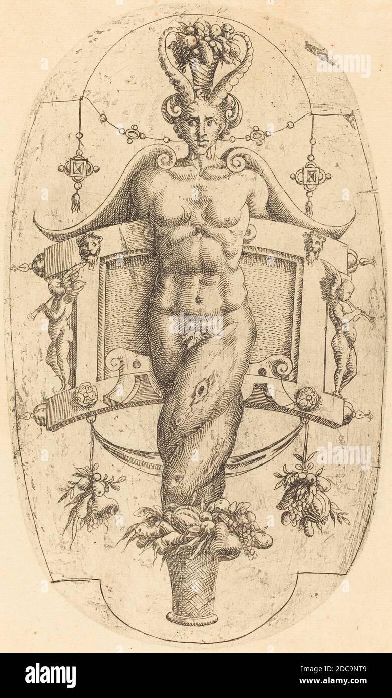 Jean Mignon, (Künstler), Französisch, aktiv 1543 - aktiv c. 1545, Horned Genius, Serie von zwanzig Anschlussklemmen, (Serie), Radierung Stockfoto