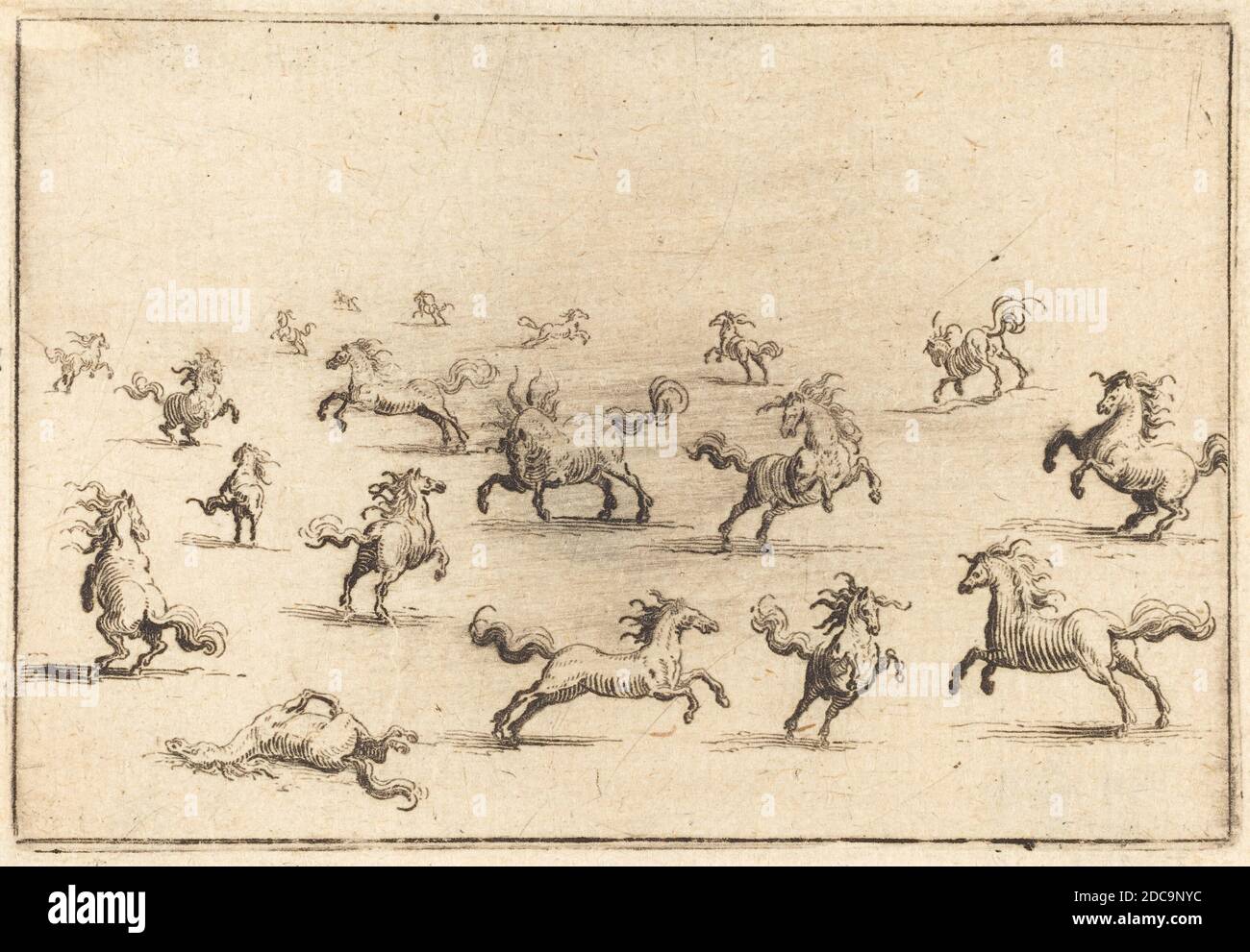 Jacques Callot, (Künstler), Französisch, 1592 - 1635, Pferde laufen, Capricci (Nancy-Serie), (Serie), c. 1622, Ätzen Stockfoto