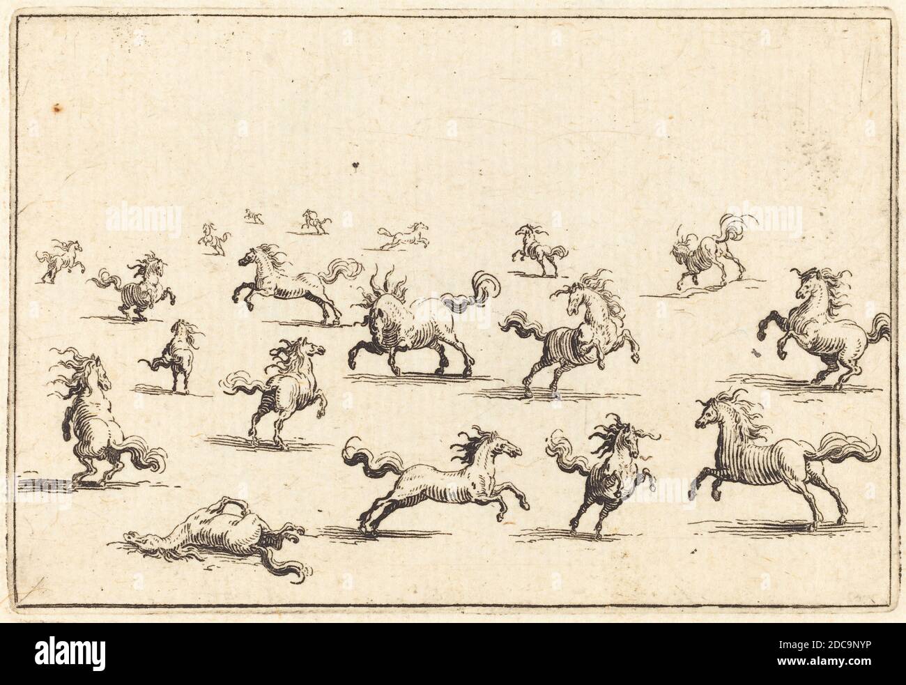 Jacques Callot, (Künstler), Französisch, 1592 - 1635, Pferde laufen, Capricci (Nancy-Serie), (Serie), c. 1622, Ätzen Stockfoto