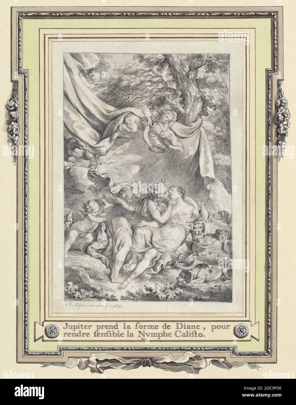 Charles Eisen, (Künstler), Französisch, 1720 - 1778, Jupiter und Callisto, Album mit Zeichnungen & Grafiken zu 'Les Metamorphoses d'Ovide', (Serie), 1765, Graphit auf Wove(?) Papier, hingelegt, Bild: 13.2 x 8.9 cm (5 3/16 x 3 1/2 Zoll Stockfoto