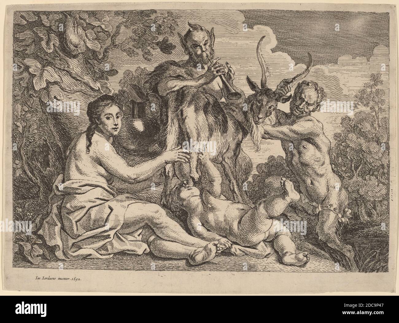 Jacob Jordaens, (Künstler), Flämisch, 1593 - 1678, Jupiter genährt von der Ziege Amalthea, wahrscheinlich 1652, Radierung Stockfoto