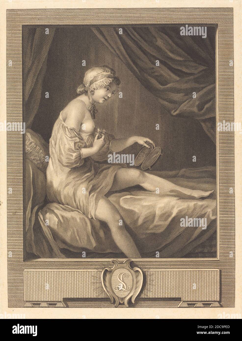 Antoine Francois Dennel, (Künstler), französisch, aktiv 1760/1815, Gabriel de Saint-Aubin, (Künstler nach), französisch, 1724 - 1780, La Comparison du bouton de Rose, 1780, Radierung und Gravur Stockfoto