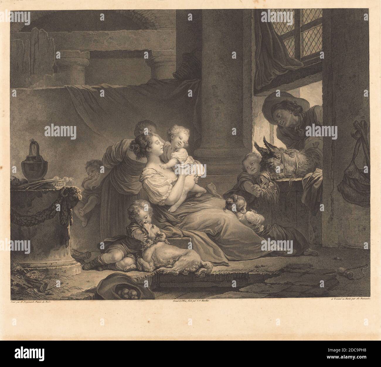 Antoine Louis Romanet, (Künstler), französisch, 1742 - 1810 oder danach, Clément-Pierre Marillier, (Künstler), französisch, 1740 - 1808, Jean Honoré Fragonard, (Künstler nach), französisch, 1732 - 1806, La famille du fermier, 1791, Radierung und Gravur Stockfoto