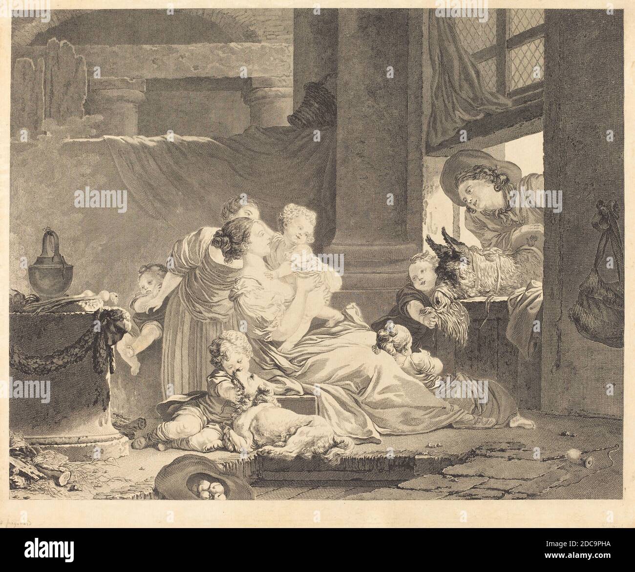 Clément-Pierre Marillier, (Künstler), französisch, 1740 - 1808, Antoine Louis Romanet, (Künstler), französisch, 1742 - 1810 oder danach, Jean Honoré Fragonard, (Künstler nach), französisch, 1732 - 1806, La famille du fermier, 1791, Radierung (und Gravur Stockfoto