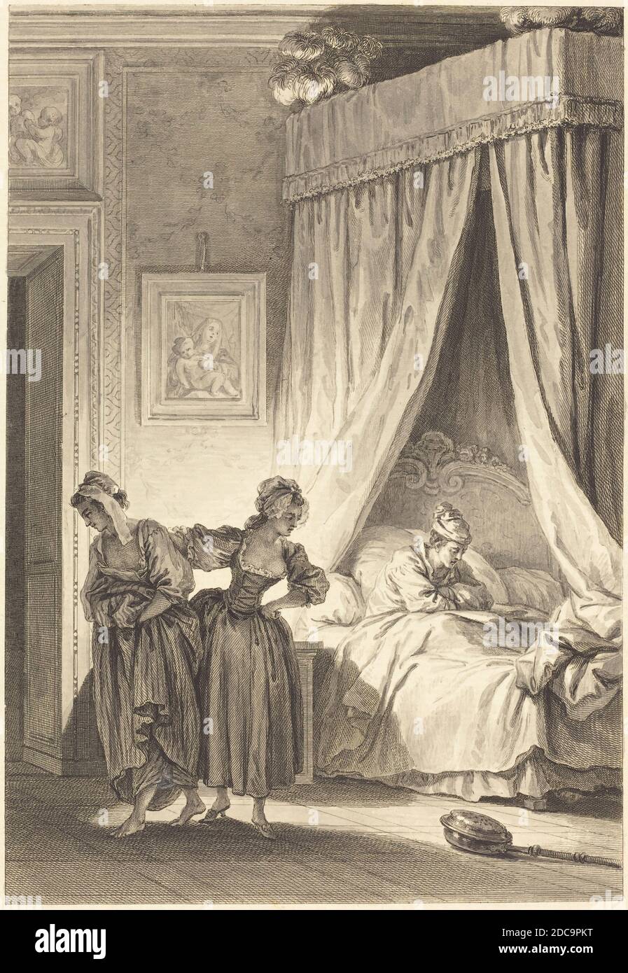 Philippe Triere, (Künstler), Französisch, 1756 - c. 1815, Antoine-Jean Duclos, (Künstler), französisch, 1742 - 1795, Jean Honoré Fragonard, (Künstler nach), französisch, 1732 - 1806, La gageure des trois commeres: La servante, Fragonard Plates for 'Contes et nouvelles' by La Fontaine, (Serie), Radierung mit Chinatinte Stockfoto
