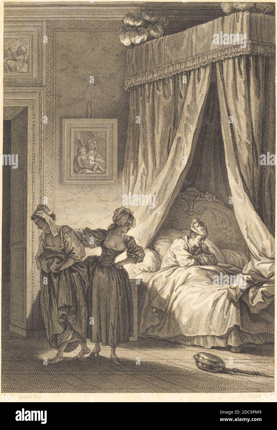 Antoine-Jean Duclos, (Künstler), französisch, 1742 - 1795, Philippe Triere, (Künstler), französisch, 1756 - c. 1815, Jean Honoré Fragonard, (Künstler nach), französisch, 1732 - 1806, La gageure des trois commeres: La servante, Fragonard Platten für 'Contes et nouvelles' von La Fontaine, (Serie), Radierung und Gravur Stockfoto