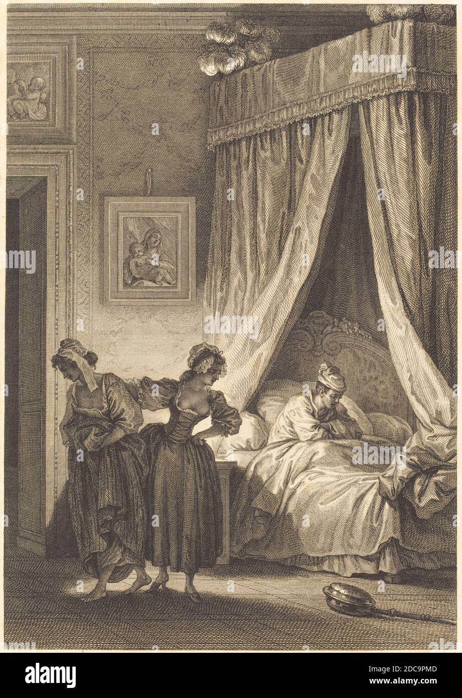 Antoine-Jean Duclos, (Künstler), französisch, 1742 - 1795, Philippe Triere, (Künstler), französisch, 1756 - c. 1815, Jean Honoré Fragonard, (Künstler nach), französisch, 1732 - 1806, La gageure des trois commeres: La servante, Fragonard Platten für 'Contes et nouvelles' von La Fontaine, (Serie), Radierung und Gravur Stockfoto