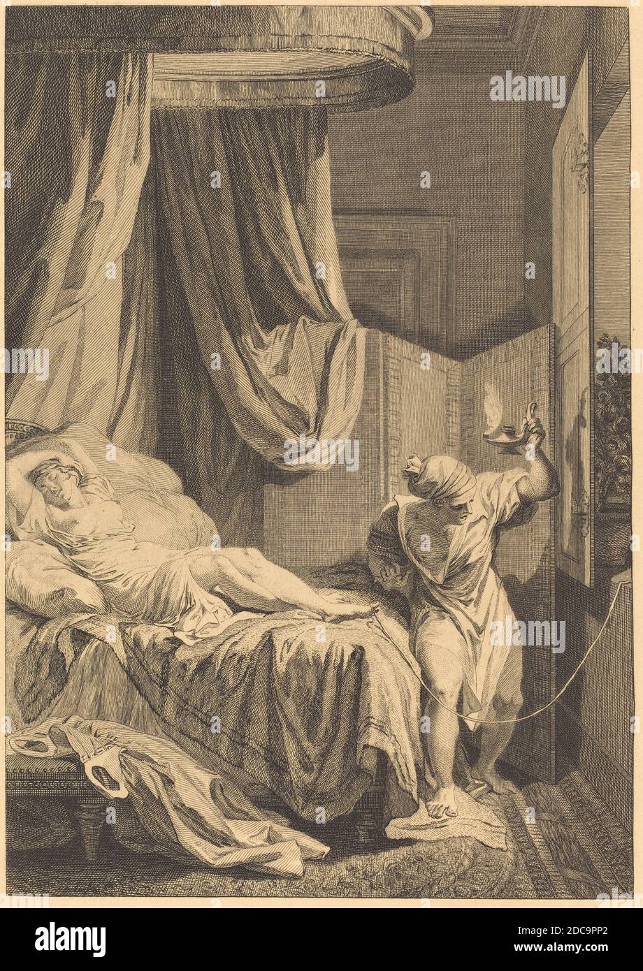 Französisch 18. Jahrhundert, (Künstler), La gageure des trois commeres: Le fil, Fragonard Platten für 'Contes et nouvelles' von La Fontaine, (Serie), Radierung Stockfoto